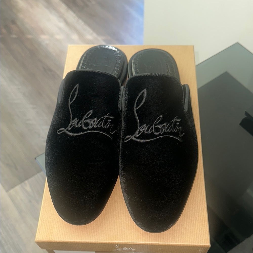 Christian Louboutin Black Velvet Loafers with Embroidered Detail